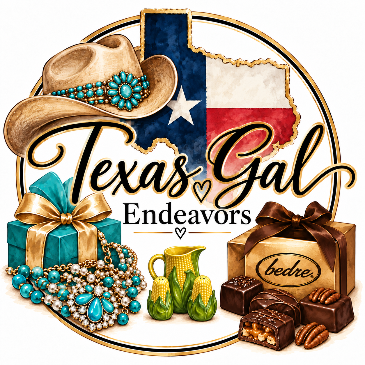 Texas Gal Endeavors logo featuring a Texas flag, cowboy hat, turquoise jewelry, corn pottery and chocolates
